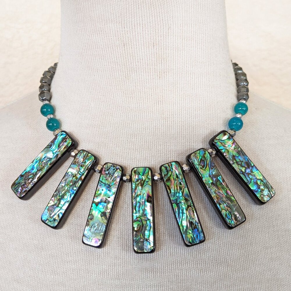 Aqua & Teal Blue Green Abalone Shell & Hematite Stick Statement Bib Necklace